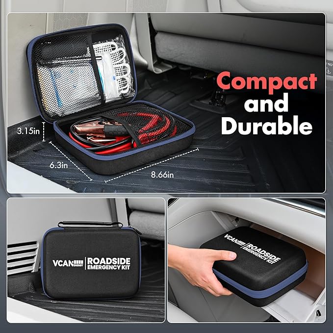 Car Emergency Safety Kit Bag with Jumper Cables, Tire Pressure Gauge, Auto Vehicle Safety Road Side Assistance Kits Essential