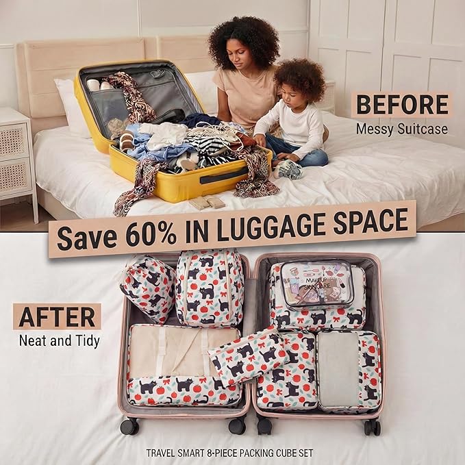 8 Set Packing Cubes for Travel with Clear Toiletry Bag, Durable Luggage Packing Organizers, Carry-On Accessories, TSA Approve