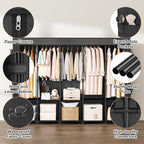 Portable Closet Storage, Portable Wardrobe Closet Organizer Clothes Rack wtih Cover, Hanging Rod, Storage Shelves and Side Po