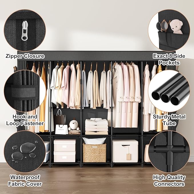 Portable Closet Storage, Portable Wardrobe Closet Organizer Clothes Rack wtih Cover, Hanging Rod, Storage Shelves and Side Po