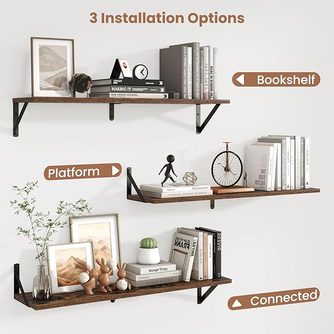 Axeman 32 Inch Floating Shelves | 8 Inch Deep Brown Wood Wall Shelves Set of 2 | 31.5" W x 8" D Rustic Brown Floating Shelves