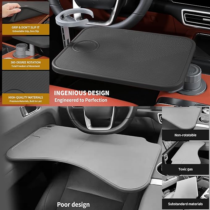 Car Tray & Car Desk for Laptop, 360° Rotating Wood Cup Holder Table,Aluminum Cantilever Laptop Mount for Vehicle,Steering Wheel Tray,Fits for Tesla Model Y/3/S,Camry Forester F150 Tundra&Most Vehicles