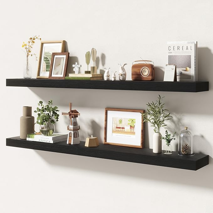 48 Inch Floating Shelves | 6.5 Inch Deep Black Floating Shelves Set of 2 | 48" W x 6.5" D Rustic Black Wood Wall Shelves with
