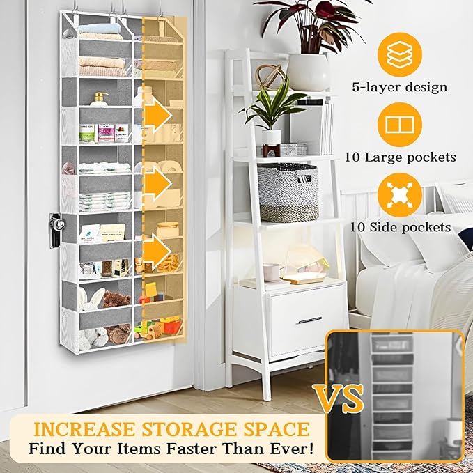 2 Pack Over The Door Organizer 5 Tiers, Extra Large Behind Door Storage of 10 Compartments, 80 lbs Weight Capacity Over Door 