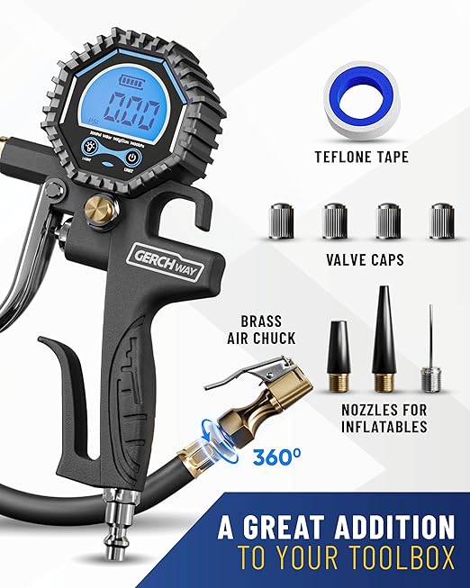 Digital Tire Pressure Gauge with Inflator (3-200 PSI), Heavy Duty Air Chuck and Compressor Accessories with Swivel Air Chuck, Longer Hose, Large Display (0.1 Res)