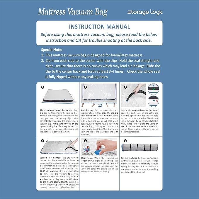 Storage Logic Foam Mattress Vacuum Bag with Blue Zipper, Mattress Storage Bag, Straps Included, Twin/Twin-XL