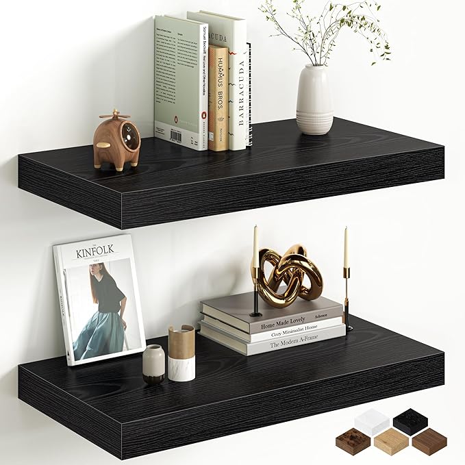 Fun Memories 12 Inch Deep Black Floating Shelf, 24 x 12 Rustic Wood Wall Shelf for Books, 2" Thick Deep Floating Shelf for St