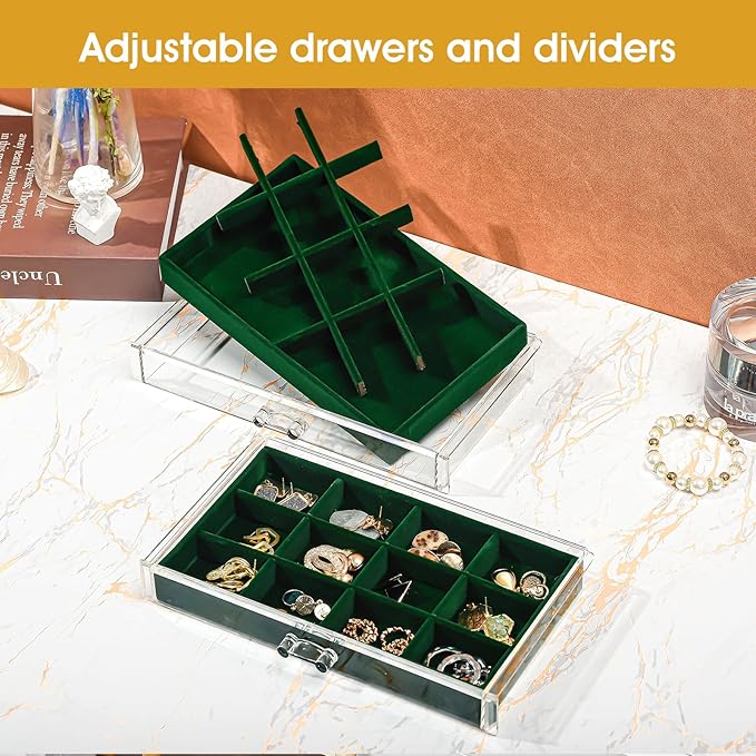 ProCase Earring Holder Organizer Jewelry Box with 3 Drawers, Acrylic Clear Earring Case with Adjustable Velvet Trays for Wome