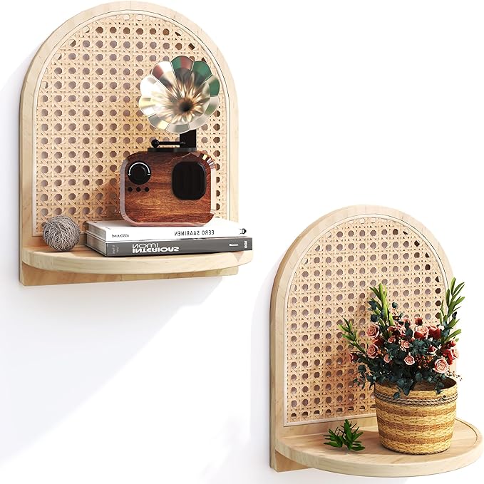 Rattan Shelf Set of 2, 7''Natural Rattan Shelf with Wicker Decor, Boho Wall Decor Small Floating Shelf for Plant Figurines Di