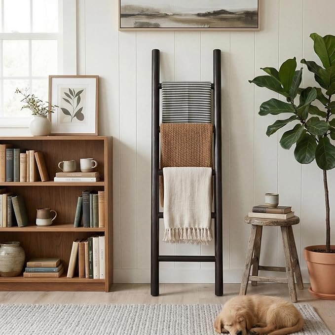 Wooden Blanket Ladder - 57in Natural & Motley Wood - Leaning Wall Decor for Bedroom, Bathroom, Living Room - Rustic Quilt Hol