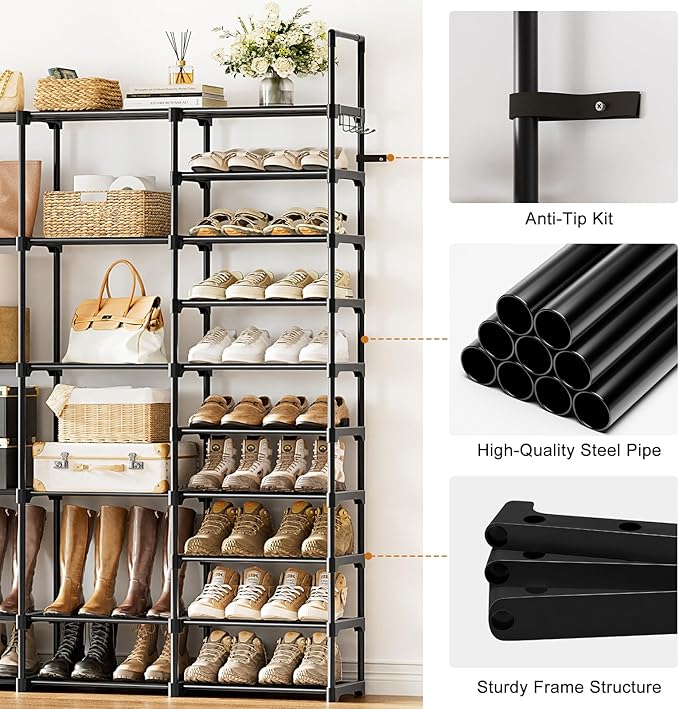 WOWLIVE 4 Row 10 Tiers Extra Large Shoe Rack Big Tall Metal Shoe Shelf, Heavy Duty Organizer for Closet Entryway, Boot Rack S