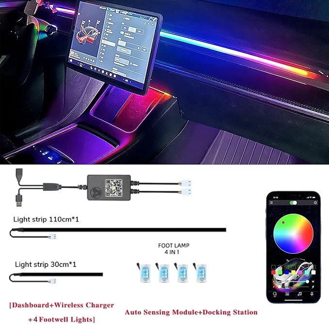 LED Car Ambient Lighting Strip for Tesla High Brightness with APP Control Multiple Colors and Car LED Strip Lighting Neon Lights for Model 3/Y (Dashboard& Center Console& 4 Floor Light)