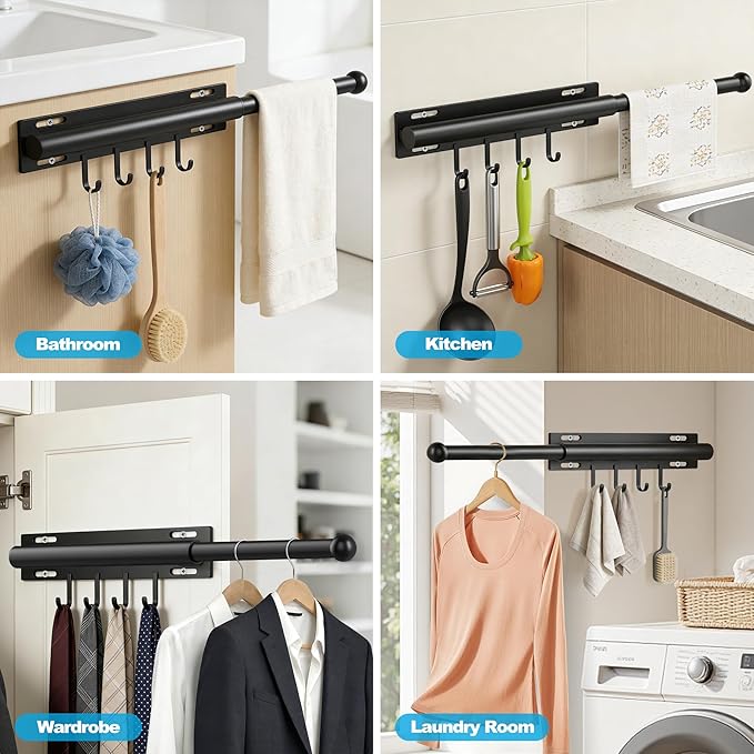 Valet Rod for Closet Retractable with 4 Hooks, 13.4"-23.2" Pull Out Clothes Hanger Rail, Heavy Duty Alloy Steel Side Mount Wa