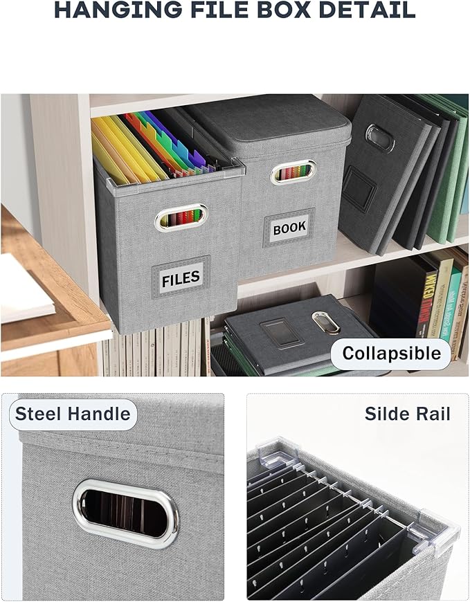 Oterri Hanging Filing File Box with Mesh Pocket, File Organizer Box with Lid, Collapsible Document Organizer Box for Letter S