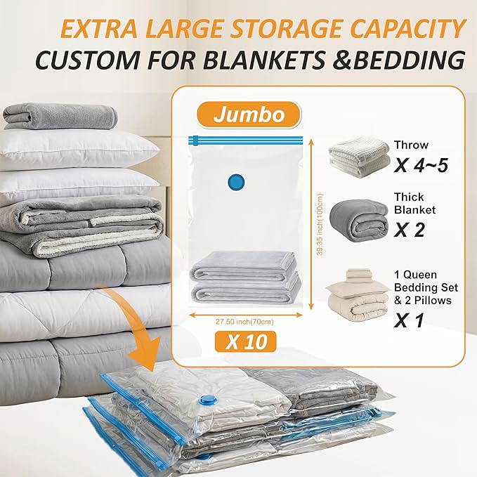 Cozy Essential Vacuum Storage Bags, 80% Compression Vacuum Seal Space Saver Plastic Packaging Bags for Clothes, Blankets, Pil