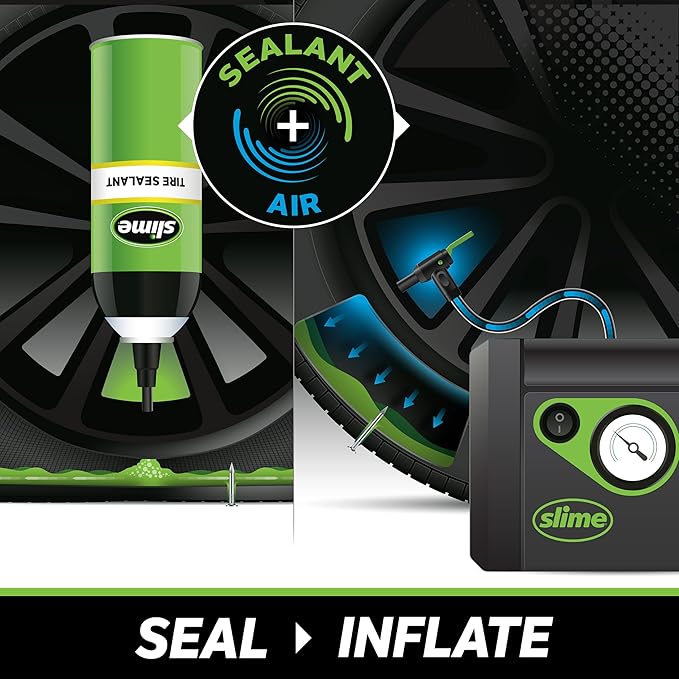 Slime 50165 Flat Tire Puncture Repair, Smart Spair Plus, Emergency Kit for Car Tires, Includes Sealant and Tire Inflator Pump