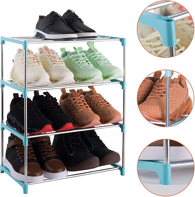 4-Tier Stackable Small Shoe Rack, Lightweight Shoe Shelf Storage Organizer for Entryway, Hallway and Closet (Blue)