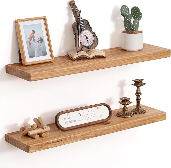 Floating Shelves for Wall, 30"Wx8"D Rustic Solid Elm Wood Floating Shelves Wall Mounted, Round Edge Wall Shelves with Invisib
