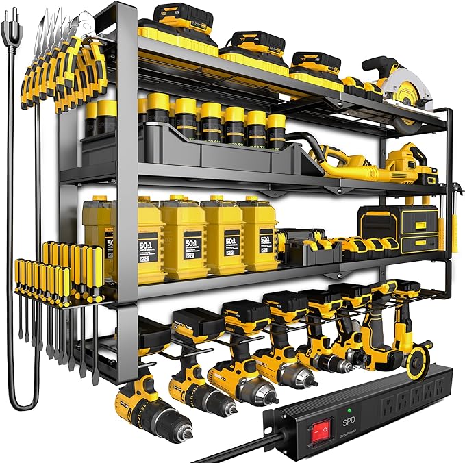 MOOMSINE Large Power Tool Organizer Wall Mount with Charging Station, 400lbs Metal Storage Rack with 8 Cordless Drill Holder,