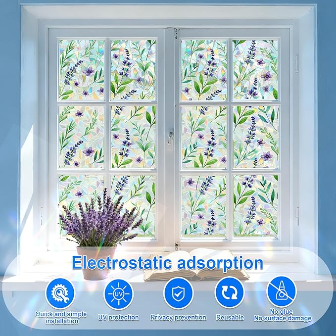 SOMWISE Rainbow Window Privacy Film,Heat Control,UV Blocking,Anti-Glare,Day & Night Privacy Protection & Decoration for Home, Bathroom,Glass Door,Static Cling,Renter-Friendly with Installation Tools