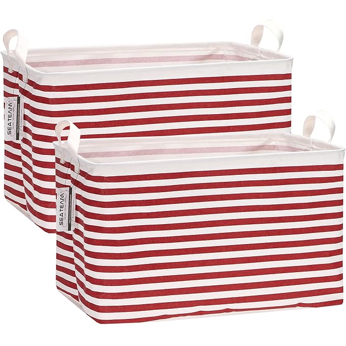 Sea Team 2-Pack Collapsible Canvas Fabric Storage Basket with Handles, Rectangle Waterproof Storage Bin, Box, Cube, Foldable 