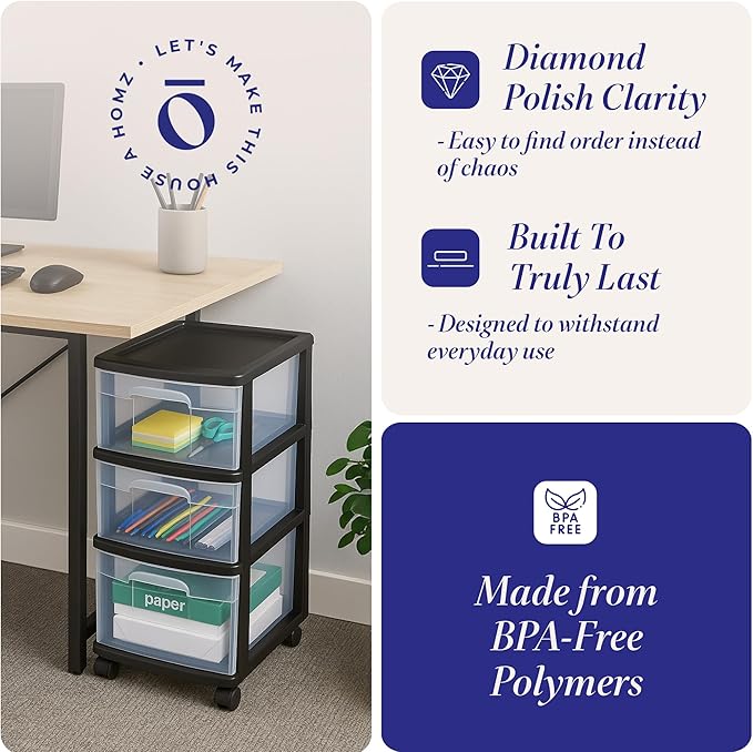 HOMZ 2-Pack Drawer Tower, 3-Tier Clear Plastic Storage Organizer Cart, Black Frame - Organizing Containers with Wheels for Ho