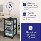 HOMZ 2-Pack Drawer Tower, 3-Tier Clear Plastic Storage Organizer Cart, Black Frame - Organizing Containers with Wheels for Ho