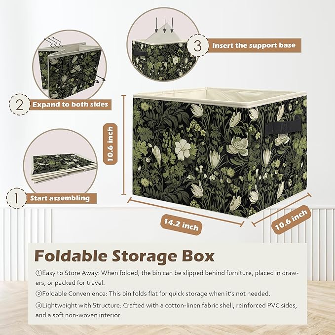 Vintage Floral Botanical Storage Box Bins, Art Nouveau Plant Flower Aesthetic Collapsible Storage Basket Organizer for Bedroo