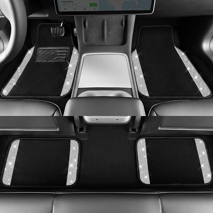 CAR PASS 11 PCS Bling Diamond Car Mats Set for Women Girls, Sparkly Rhinestone Steering Wheel Cover, Waterproof Floor Mats