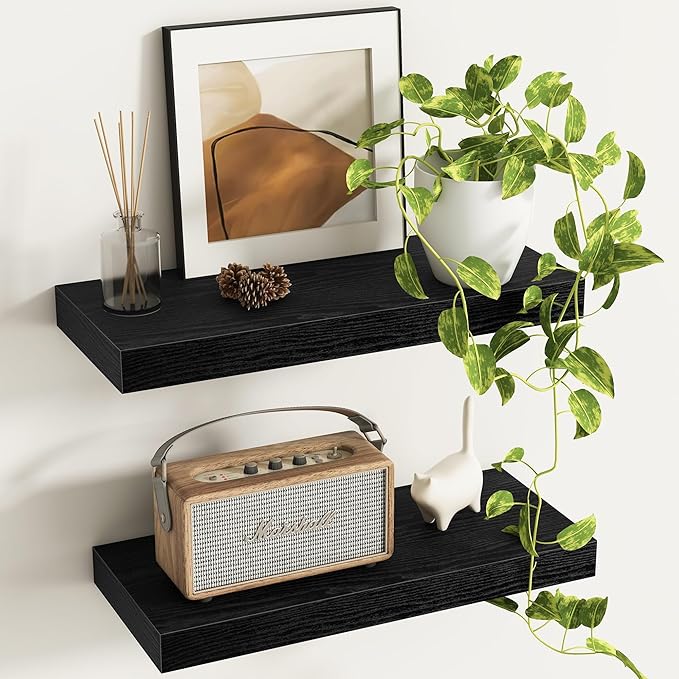 Fun Memories Deep Floating Shelves - 16" W x 9.3" D x 1.6" H Rustic Black Wall Shelf - Wall Mounted Shelves for Storage - Woo