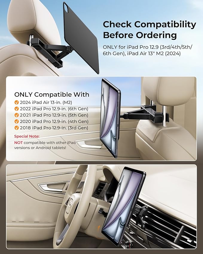 KU XIU Magnetic iPad Holder for Car Headrest,Backseat Tablet Car Mount for for iPad Pro 12.9, iPad Air 13 M2/M3, Road Trip Essentials for Kids, Tablet Car Holder for iPad Pro 12.9 3rd/4th/5th/6th