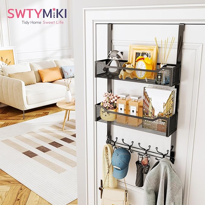SWTYMIKI Over The Door Hooks Organizer - Multi-Functional Door Hanger with 16 Hooks & 2 Mesh Baskets, Long Coat Rack for Bath
