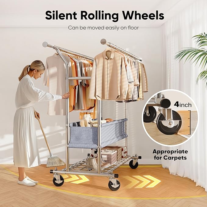 HOKEEPER Clothing Rack Heavy Duty Clothes Rack for Hanging Clothes Load 625LBS Extendable Double Rod Clothes Rack, Adjustable