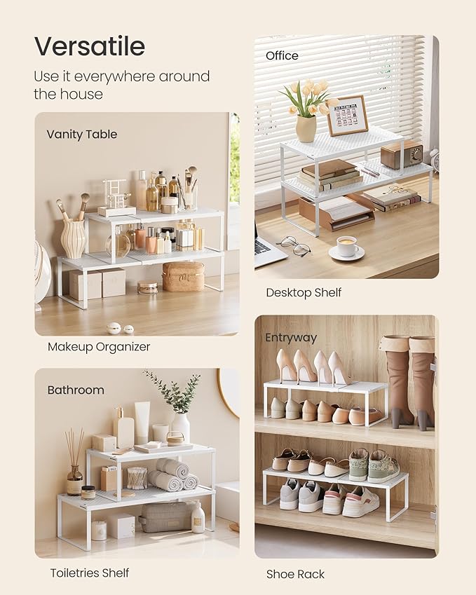 SONGMICS Spice Racks, Set of 2 Expandable Kitchen Countertop Shelves, Small Cupboard Organizers, Metal, Space-Saving Tabletop