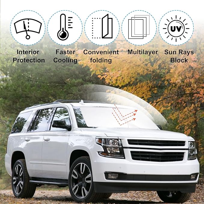 Front Windshield Sun Shade Foldable Car Front Window Sun Shade Windshield Shade Custom Fit for 2015-2020 Che-vrolet Tahoe SUV Block UV Rays Accessories Heat Keep Cooler