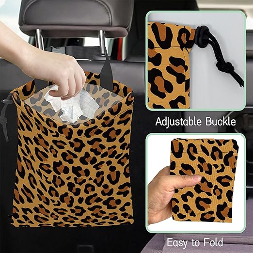 Brown Leopard Car Garbage Bag,Camouflage Waterproof Small Car Trash Bag Hanging Back of Seat,Drawstring Hanging Car Trash Bag with Adjustable Buckle for Car Accessories