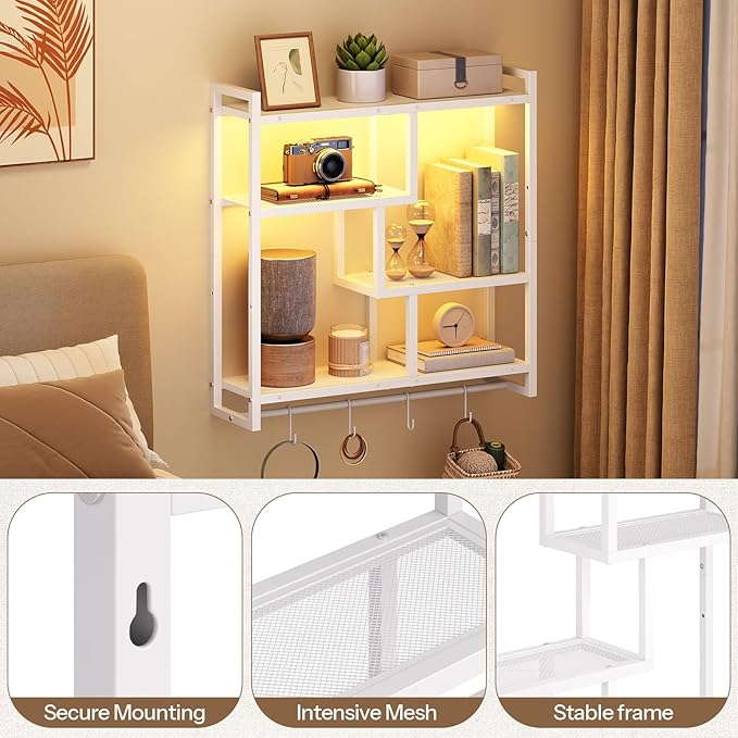 HOOBRO Gaming Floating Shelves with LED Lights, 28.7" LED Wall Mounted Shelf, 4-Tier Floating Wall Shelf for Storage, Display