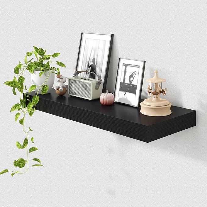 30 Inch Floating Shelves | 12 Inch Deep Black Floating Shelves | 30" W x 12" D Rustic Wood Shelves for Wall | Deep Black Shel