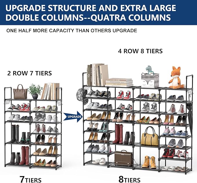 Mavivegue Extra Large Shoe Rack, 8 Tier 4 Rows 72-76 Pairs Big Tall Metal Shoe Shelf,Big Boot Rack Storage Organizer for Gara
