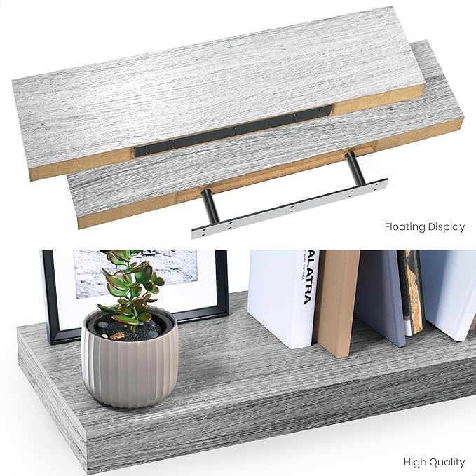 Ballucci Floating Shelves, 24" Wood Wall Shelf Set of 2, with Invisible Brackets for Bathroom, Living Room, Bedroom, Kitchen,