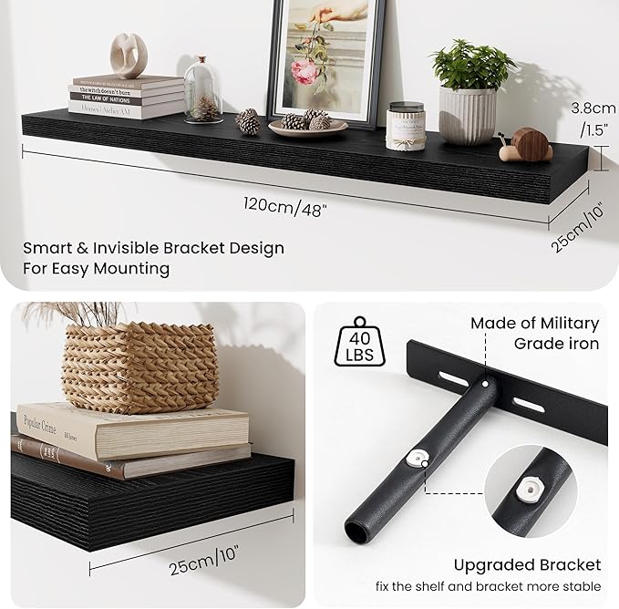 Fun Memories 10 Inch Deep Shelves, Floating Shelves for Wall 48 Inches Long, Wood Floating Shelves for Wall, Large Storage Sh