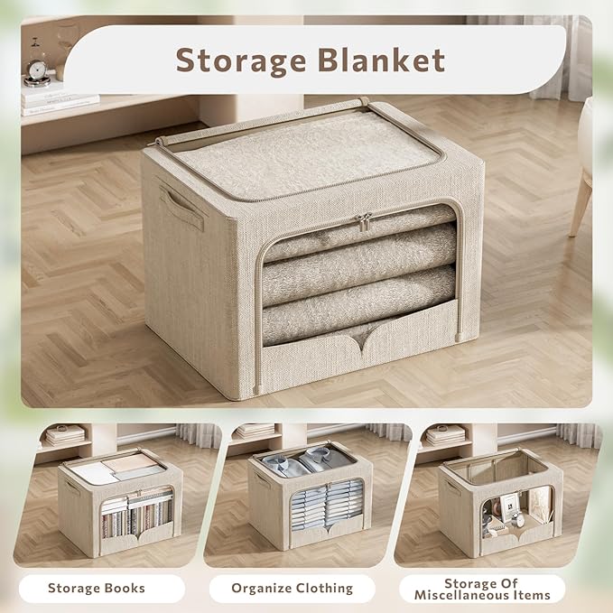 FHSQX 3 Pack Clothes Storage Bins Foldable Metal Frame Storage Box Extra Large Stackable Linen Fabric Organizer Set with Carr