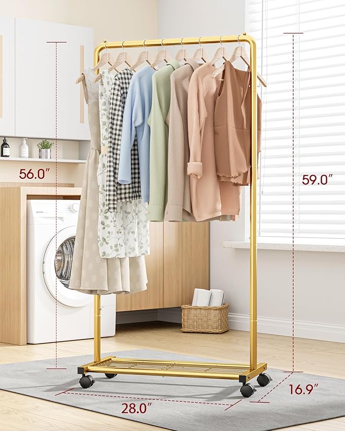 Sakugi Clothes Rack - Clothing Rack with Storage Mesh Shelf & Casters, Heavy-Duty Metal Clothing Rack for Hanging Clothes, Dr