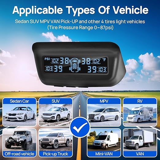Tire Pressure Monitoring System, RV/Trailler TPMS with Solar Charging & Auto Calibration, M13 LCD Display tpms 4 sensors (0-87PSI)