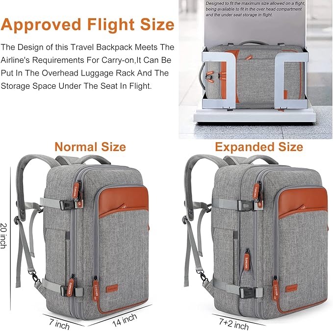 Lumesner Carry on Travel Backpacks, Extra Large 40L Flight Approved Bag for Men & Women,Expandable Suitcase Backpack With 4 P