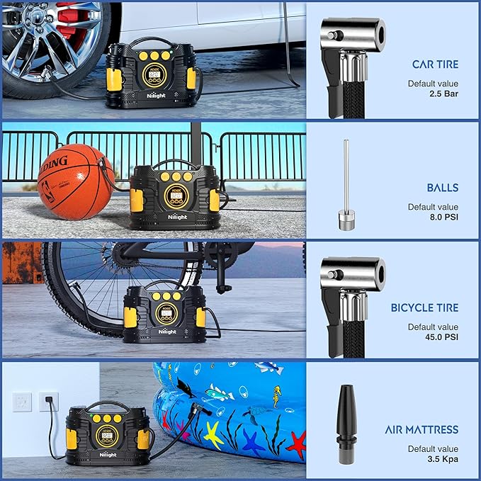 Nilight Tire Inflator Portable Air Compressor Dual Power for Car 12V DC and Home 110V AC Tires Pump Pressure Gauge Fast Inflate Auto Shutoff for Cars SUV Motorcycle Bicycle