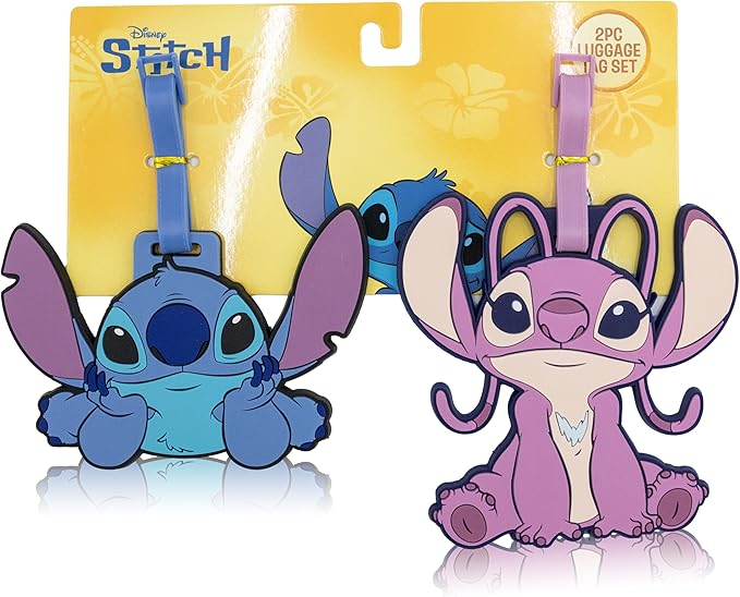 Disney Stitch Luggage Tag 2 Piece Set | Stitch & Angel Kids Luggage Tags for Suitcases | 4.25" Travel Essentials Cruise Ship 