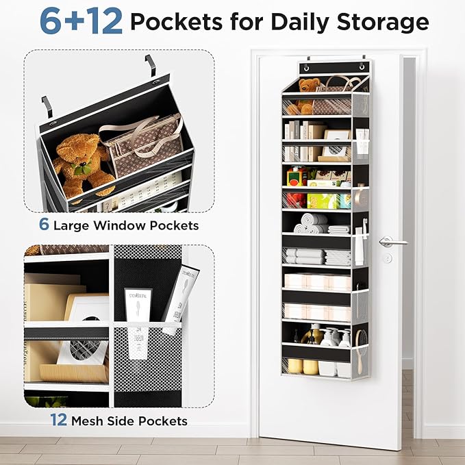 Mefirt Over The Door Organizer, 6 Shelf Door Hanging Organizers with 6 Large Capacity Pockets, Behind Door Storage Hanging Sh