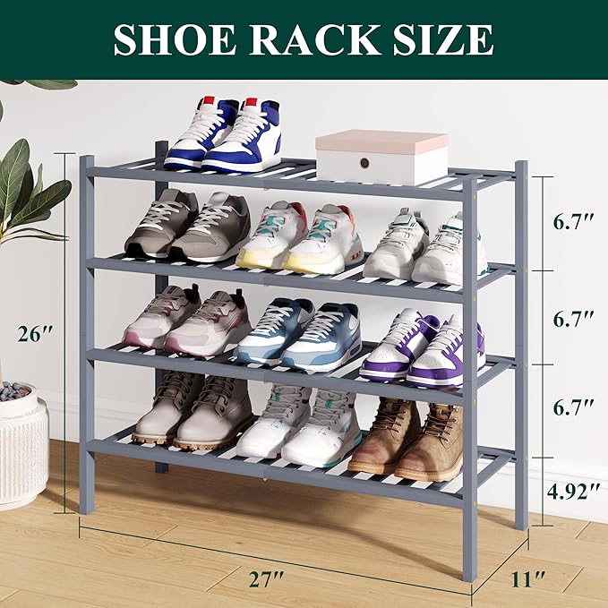 Smiry Bamboo Shoe Rack for Closet, 4 Tier Wooden Stackable Shoe Organizer, Free Standing Shoes Storage Shelf for Entryway, Fr