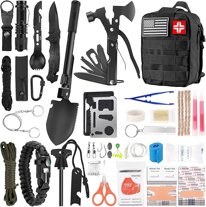 Emergency Survival Kit and First Aid Kit, 142Pcs Professional Survival Gear and Supplies Equipment with Molle Pouch, Gift for